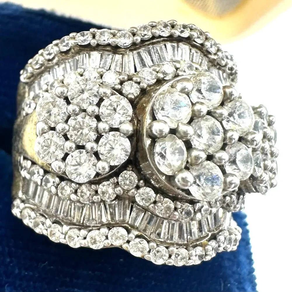 SJD 925 sterling silver gold vermeil cubic zirconia cocktail cluster ring size 7